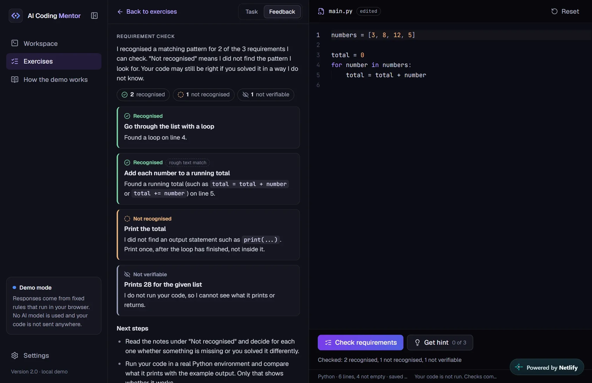 Übungsansicht von AI Coding Mentor: links die Rückmeldung mit erkannten, nicht erkannten und nicht überprüfbaren Anforderungen, rechts der Editor