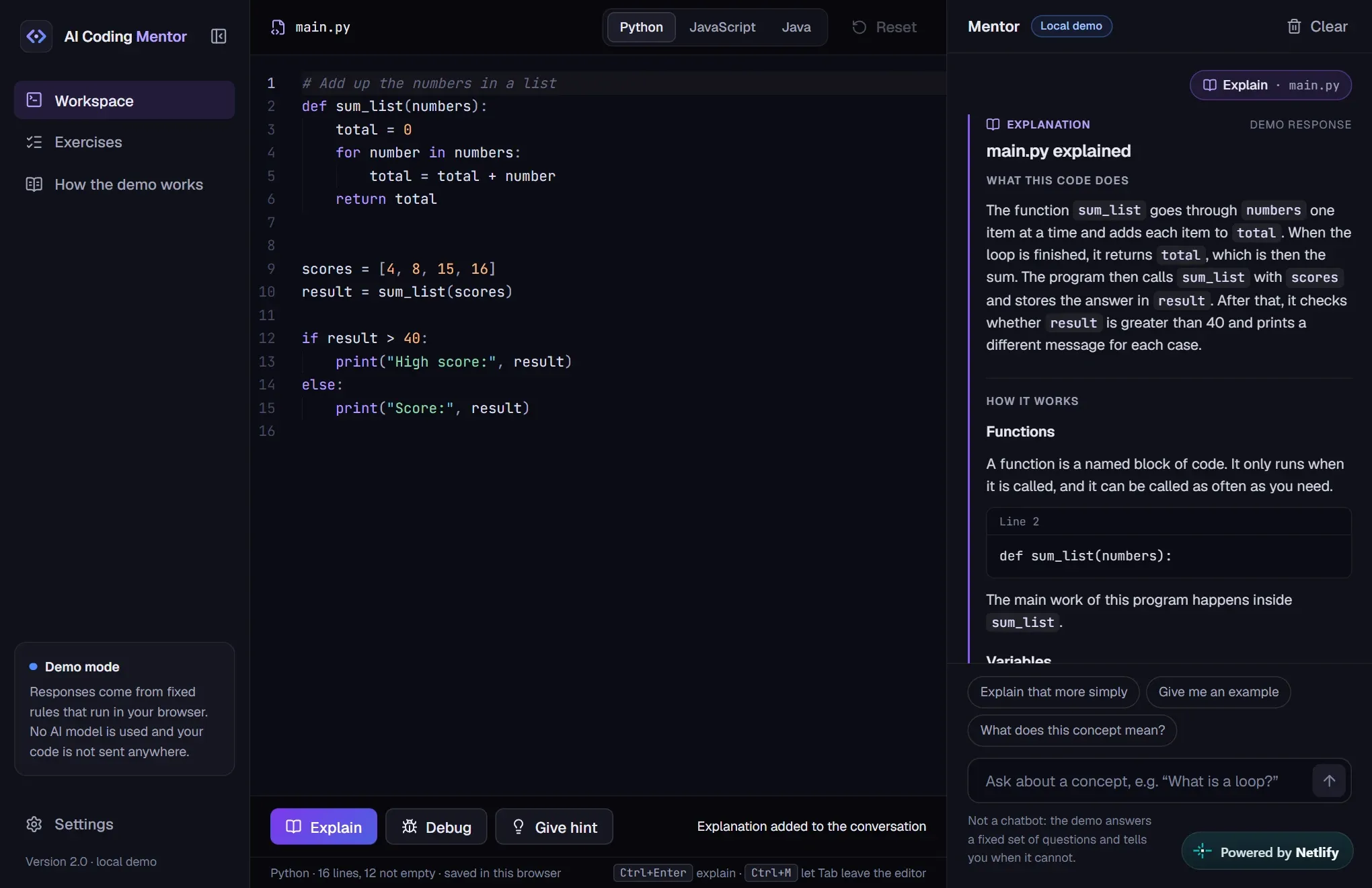 Arbeitsbereich von AI Coding Mentor: Code-Editor mit einem Python-Beispiel und daneben die Erklärung des simulierten Mentors