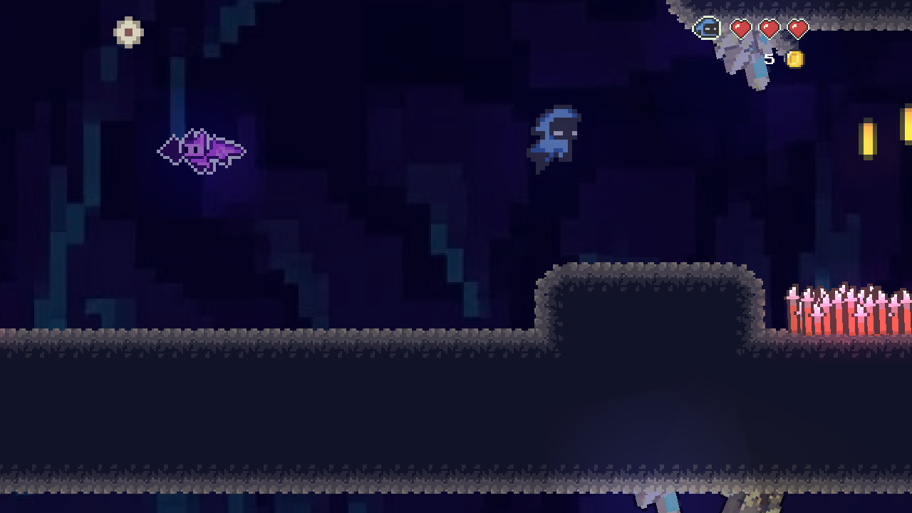 Spielszene aus Everbound: Die Spielfigur springt in der Höhle, links fliegt eine Fledermaus, rechts schweben Münzen