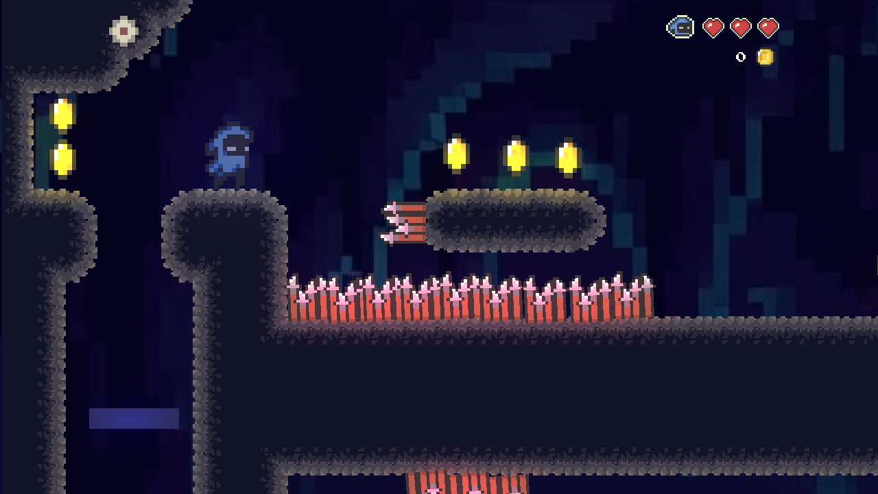 Spielszene aus Everbound am Anfang des Levels: die Spielfigur links, daneben ein Stachelfeld und eine schwebende Plattform mit Münzen