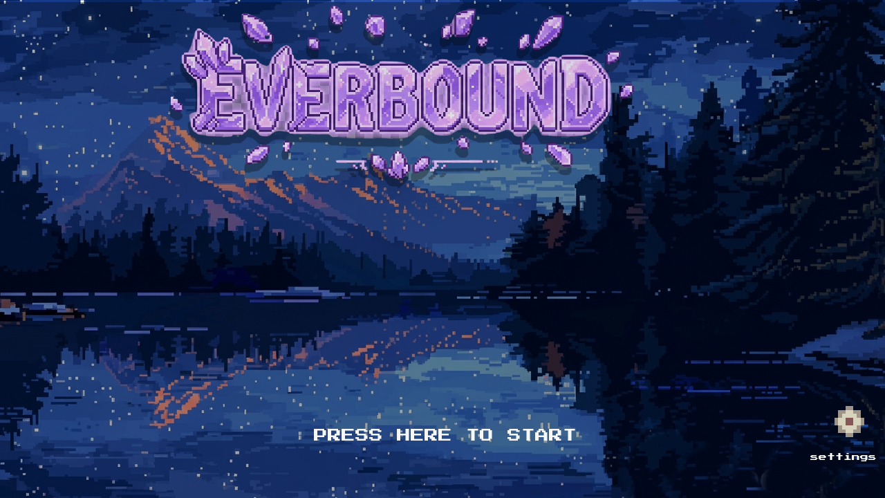 Titelbild von Everbound mit Pixel-Art-Landschaft bei Nacht, Logo und dem Hinweis «Press here to start»